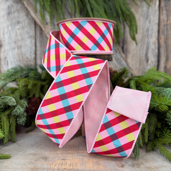 2.5" Pink Red Blue Christmas Plaid Wired Ribbon