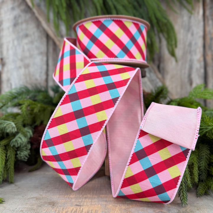 2.5" Pink Red Blue Christmas Plaid Wired Ribbon