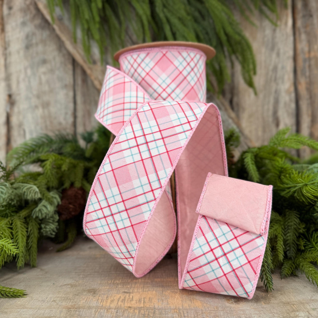 2.5" Pink Red White Plaid Wired Ribbon, Christmas