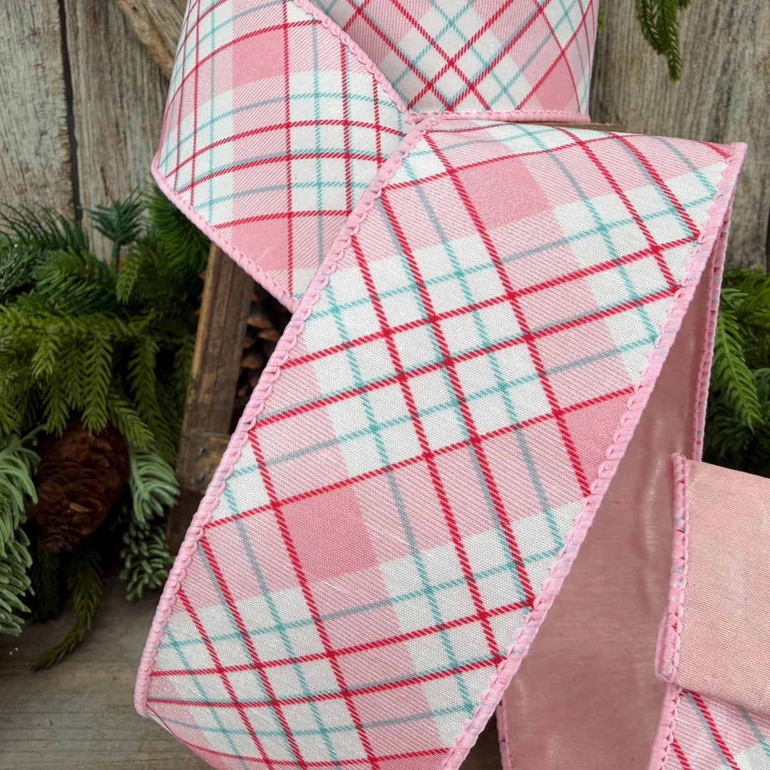 2.5" Pink Red White Plaid Wired Ribbon, Christmas