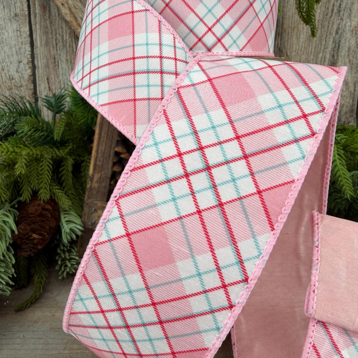 2.5" Pink Red White Plaid Wired Ribbon, Christmas