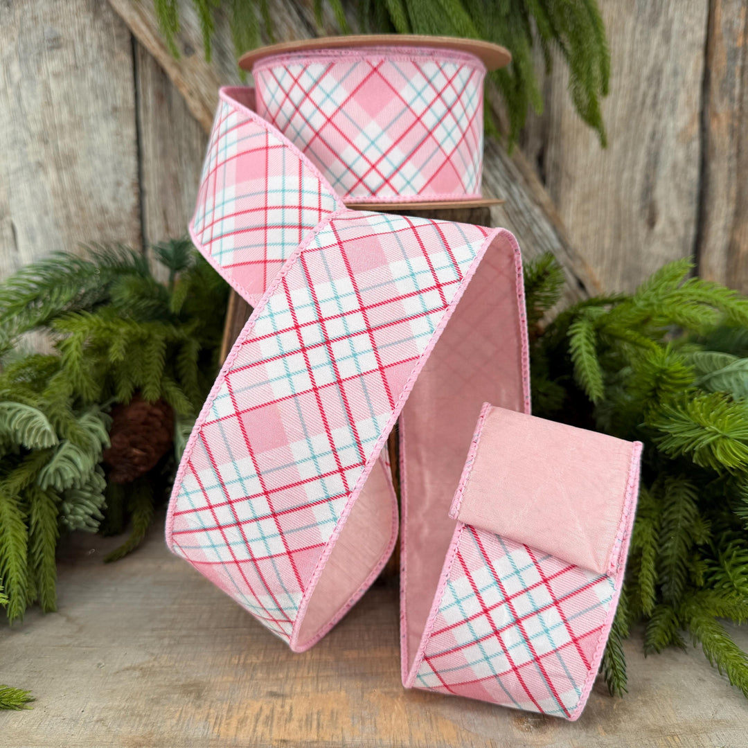 2.5" Pink Red White Plaid Wired Ribbon, Christmas