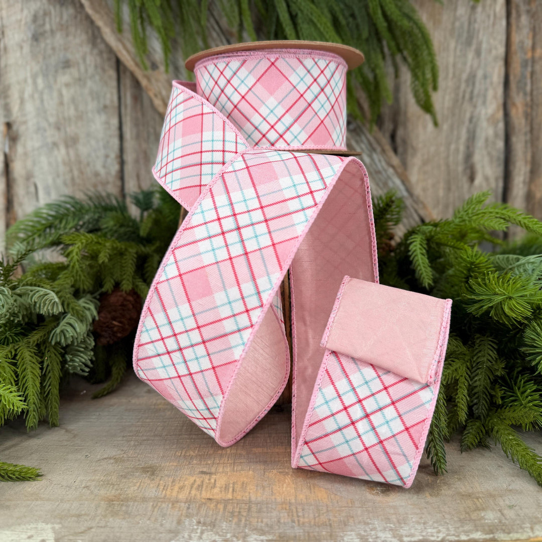 2.5" Pink Red White Plaid Wired Ribbon, Christmas