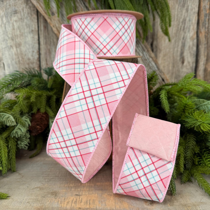 2.5" Pink Red White Plaid Wired Ribbon, Christmas