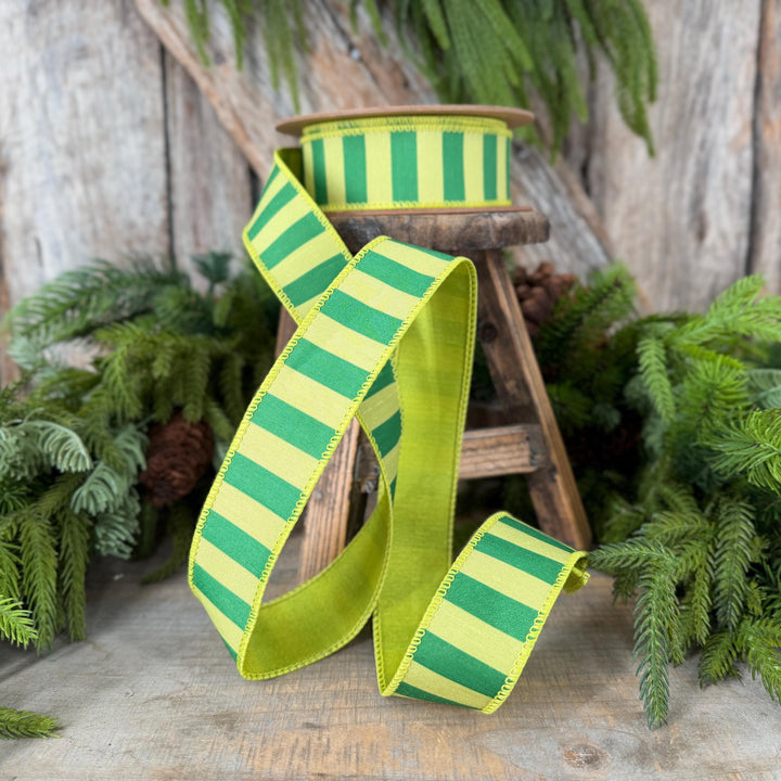 1.5" Lime Green Striped Ribbon, Christmas Color Block