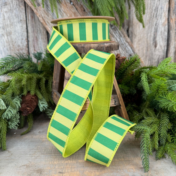 1.5" Lime Green Striped Ribbon, Christmas Color Block