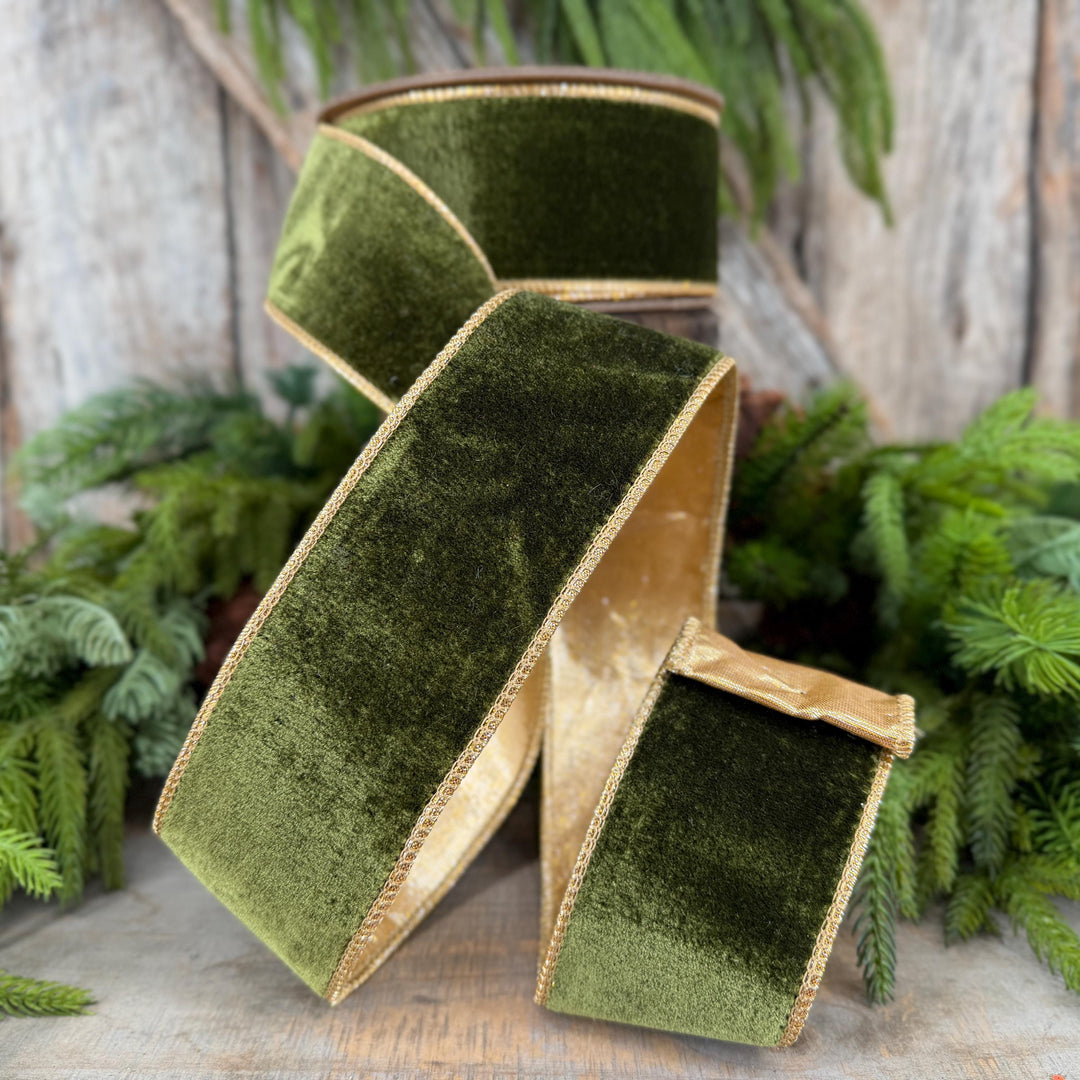 2.5" Forest Green Velvet Ribbon, Moss Green &amp; Gold Velvet Ribbon, Christmas RIbbon, Moss Green Velvet Ribbon, Designer Ribbon, Woodsy Green