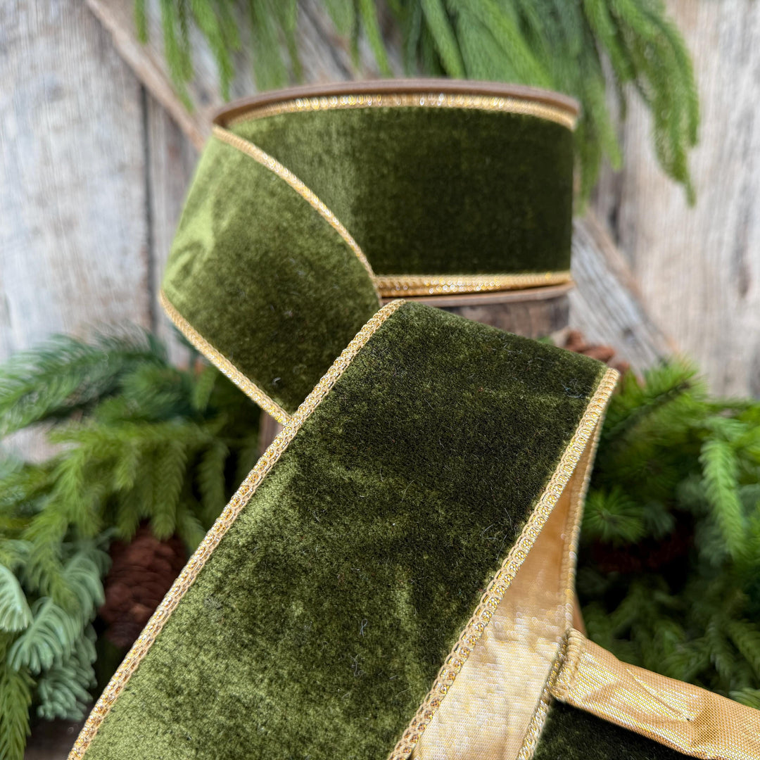 2.5" Forest Green Velvet Ribbon, Moss Green &amp; Gold Velvet Ribbon, Christmas RIbbon, Moss Green Velvet Ribbon, Designer Ribbon, Woodsy Green
