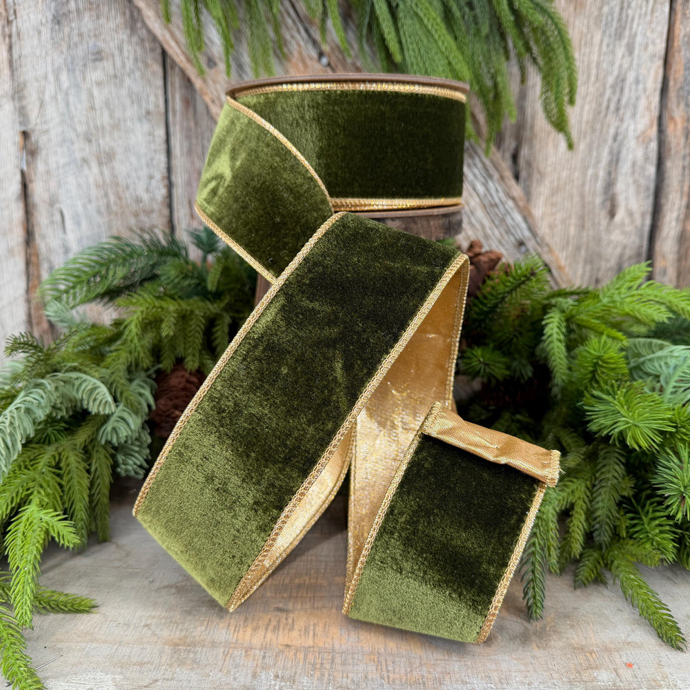 2.5" Forest Green Velvet Ribbon, Moss Green & Gold Velvet Ribbon, Christmas RIbbon, Moss Green Velvet Ribbon, Designer Ribbon, Woodsy Green