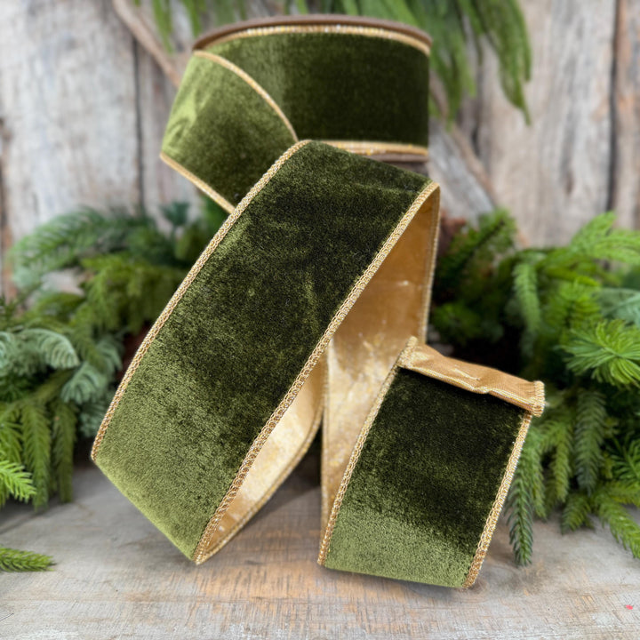 2.5" Forest Green Velvet Ribbon, Moss Green &amp; Gold Velvet Ribbon, Christmas RIbbon, Moss Green Velvet Ribbon, Designer Ribbon, Woodsy Green