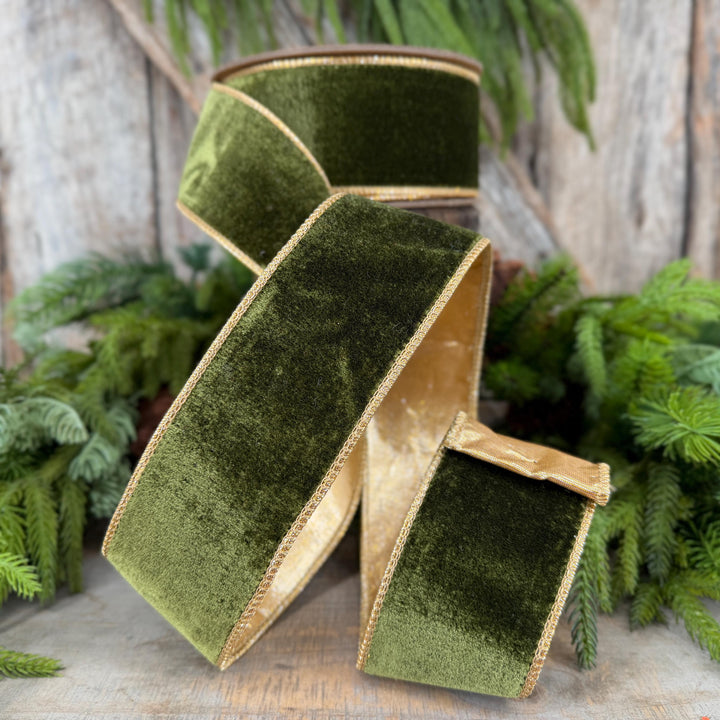 2.5" Forest Green Velvet Ribbon, Moss Green &amp; Gold Velvet Ribbon, Christmas RIbbon, Moss Green Velvet Ribbon, Designer Ribbon, Woodsy Green