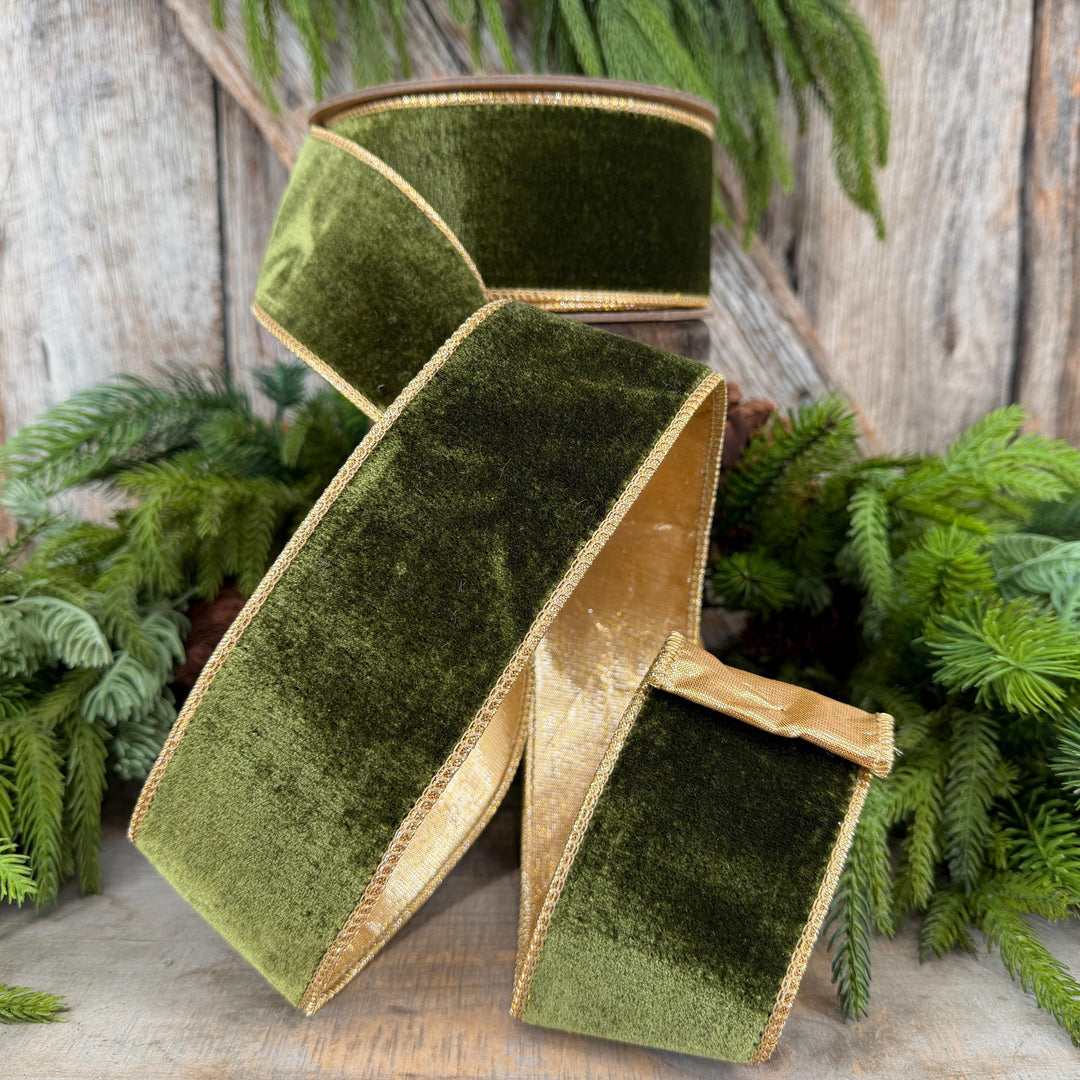 2.5" Forest Green Velvet Ribbon, Moss Green &amp; Gold Velvet Ribbon, Christmas RIbbon, Moss Green Velvet Ribbon, Designer Ribbon, Woodsy Green