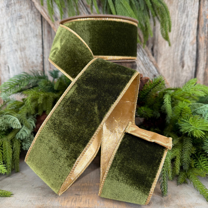2.5" Forest Green Velvet Ribbon, Moss Green &amp; Gold Velvet Ribbon