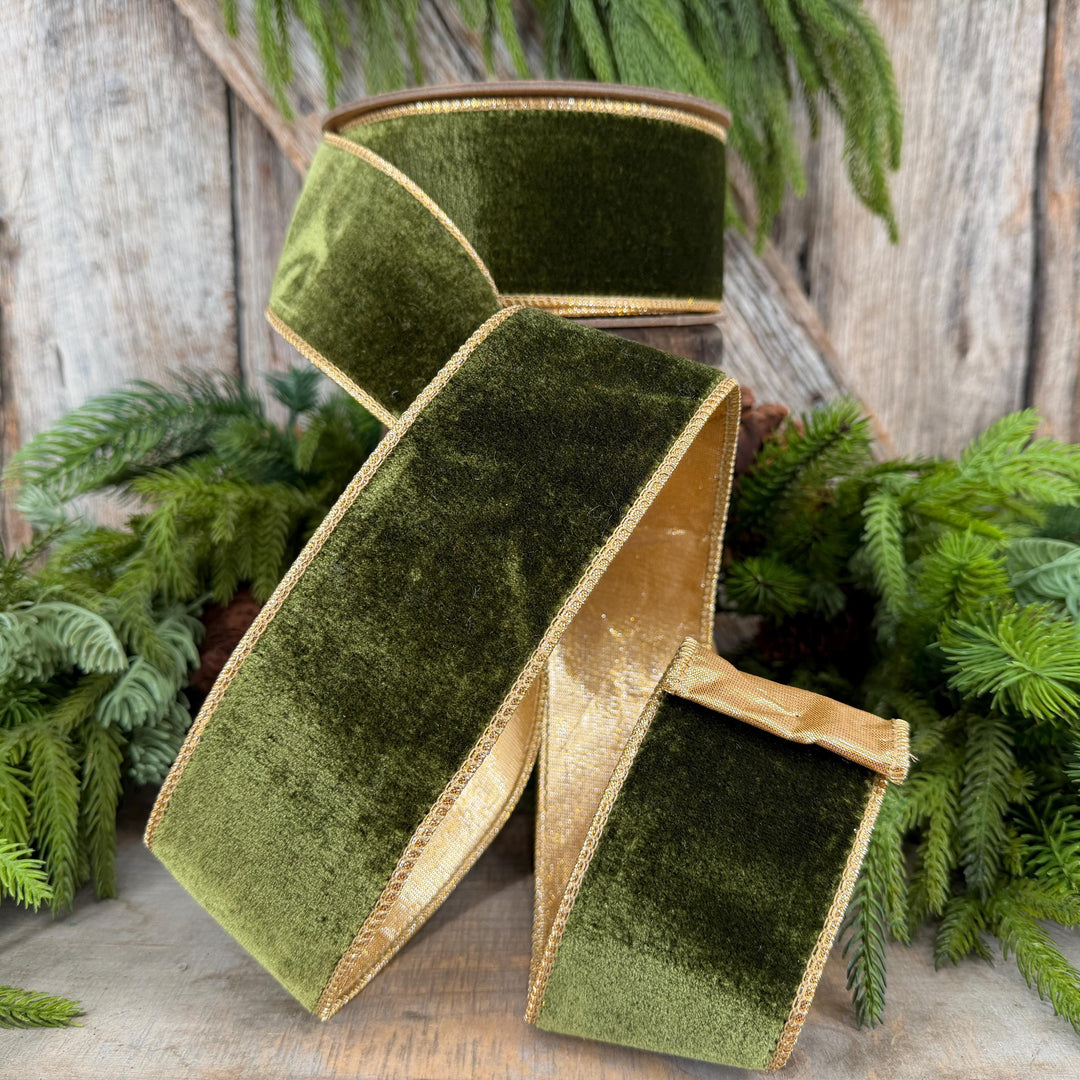 2.5" Forest Green Velvet Ribbon, Moss Green &amp; Gold Velvet Ribbon, Christmas RIbbon, Moss Green Velvet Ribbon, Designer Ribbon, Woodsy Green