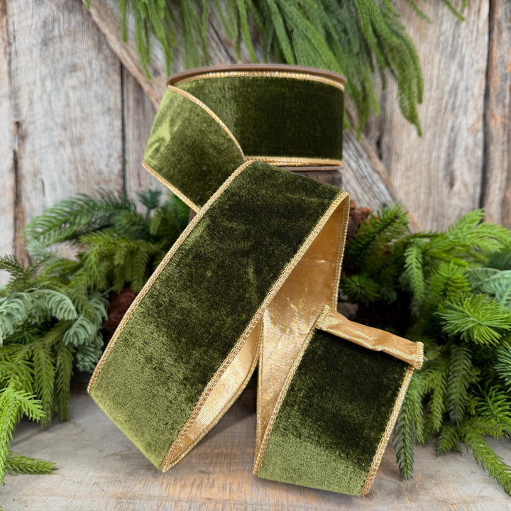 2.5" Forest Green Velvet Ribbon, Moss Green &amp; Gold Velvet Ribbon, Christmas RIbbon, Moss Green Velvet Ribbon, Designer Ribbon, Woodsy Green