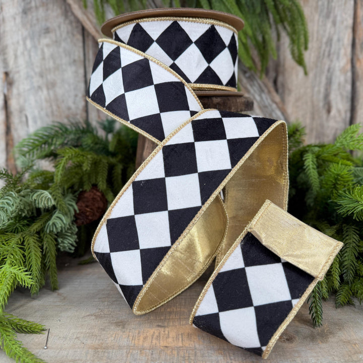 2.5" Black and White Harlequin Ribbon, Christmas Ribbon