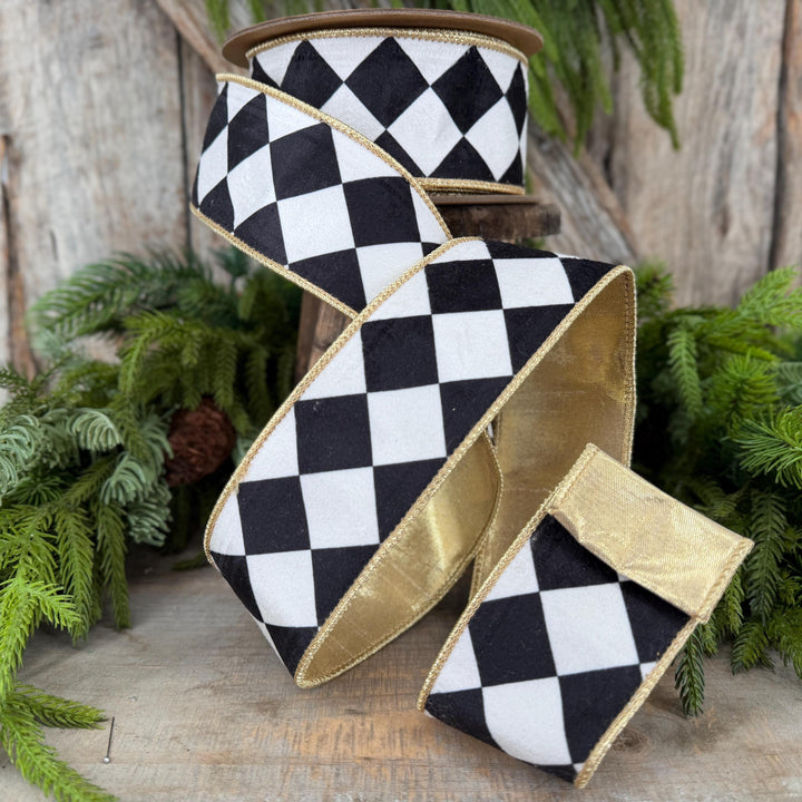 2.5" Black and White Harlequin Ribbon, Christmas Ribbon