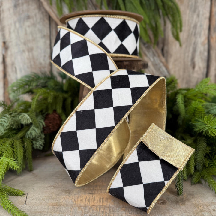 2.5" Black and White Harlequin Ribbon, Christmas Ribbon