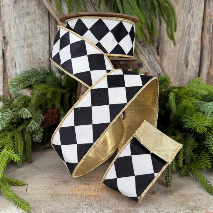 2.5" Black and White Harlequin Ribbon, Christmas Ribbon