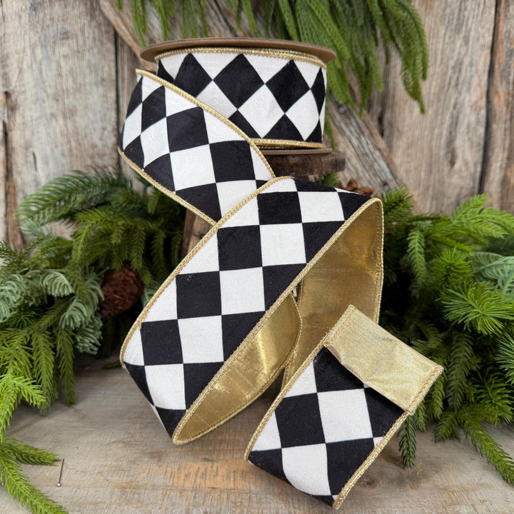 2.5" Black and White Harlequin Ribbon, Christmas Ribbon