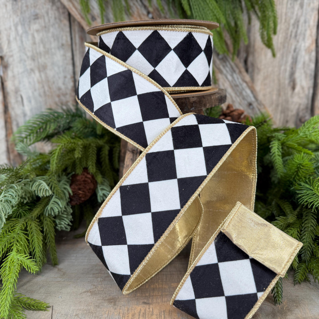 2.5" Black and White Harlequin Ribbon, Christmas Ribbon