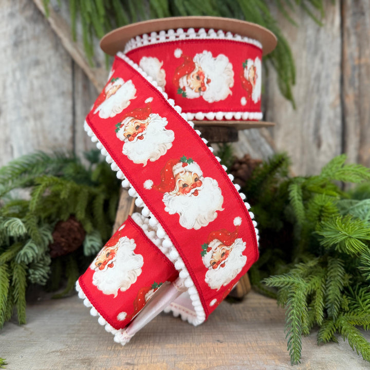 2.5" Santa Wired Ribbon, Red Christmas Pom Pom Edge, 10 Yard Roll