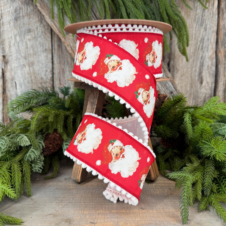 2.5" Santa Wired Ribbon, Red Christmas Pom Pom Edge, 10 Yard Roll