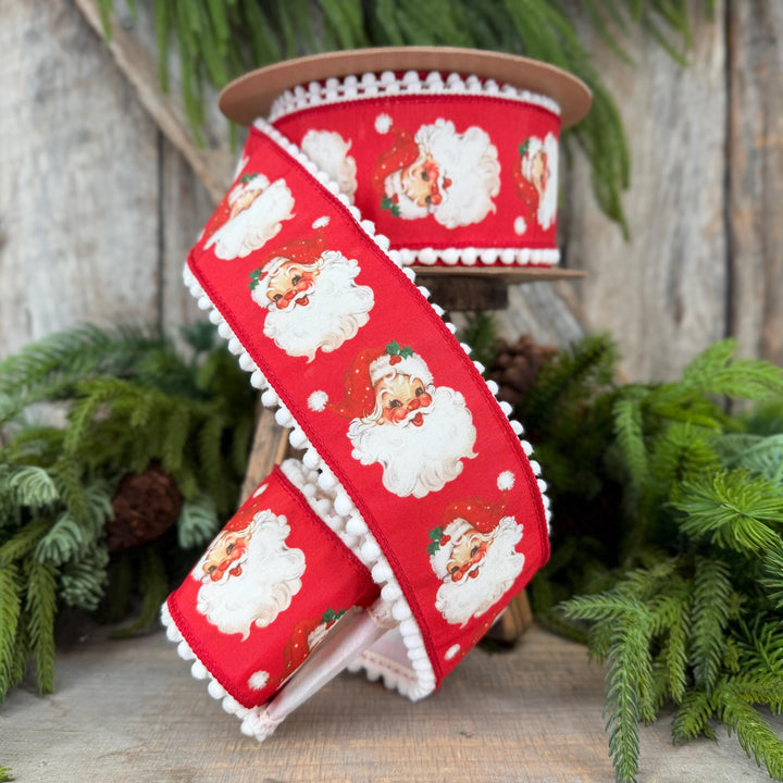 2.5" Santa Wired Ribbon, Red Christmas Pom Pom Edge, 10 Yard Roll