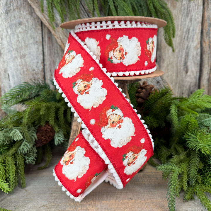 2.5" Santa Wired Ribbon, Red Christmas Pom Pom Edge, 10 Yard Roll