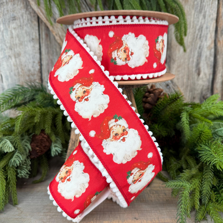 2.5" Santa Wired Ribbon, Red Christmas Pom Pom Edge, 10 Yard Roll