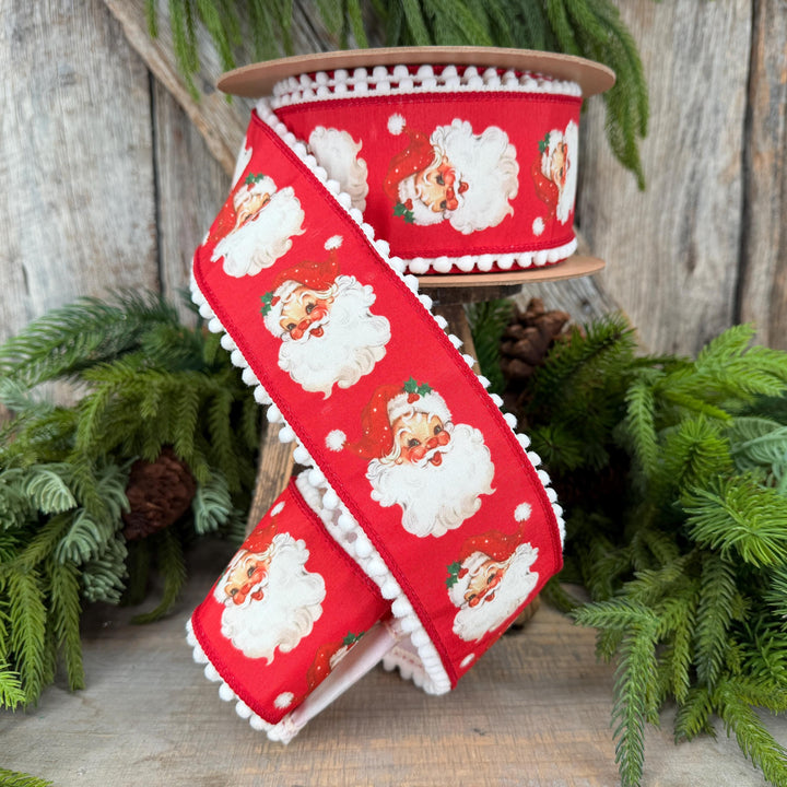 2.5" Santa Wired Ribbon, Red Christmas Pom Pom Edge, 10 Yard Roll