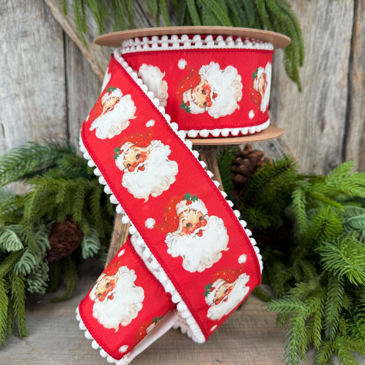 2.5" Santa Wired Ribbon, Red Christmas Pom Pom Edge, 10 Yard Roll