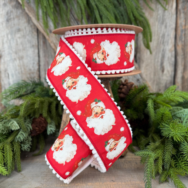 2.5" Santa Wired Ribbon, Red Christmas Pom Pom Edge, 10 Yard Roll
