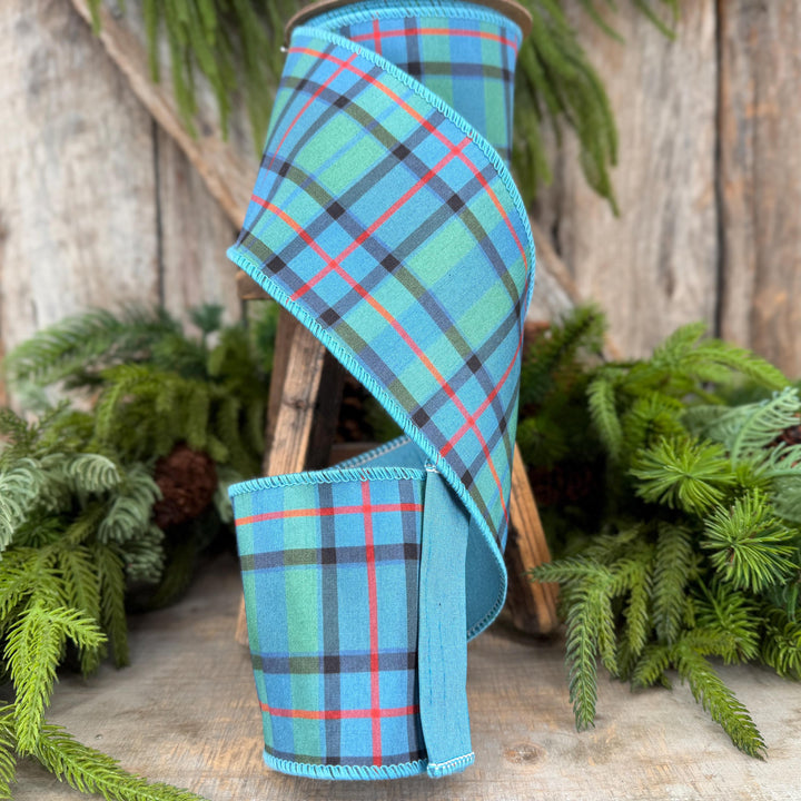 4" Dusty Blue Tartan Plaid Ribbon, Christmas Plaid Wired Ribbon, Blue Chirstmas Plaid RIbbon