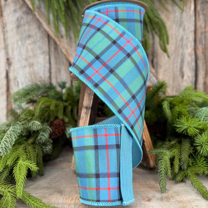 4" Dusty Blue Tartan Plaid Ribbon, Christmas Plaid Wired Ribbon, Blue Chirstmas Plaid RIbbon