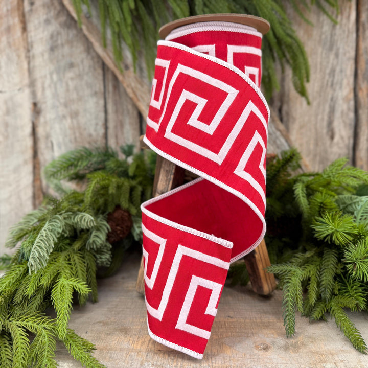 4" Red White Greek Key Wired Ribbon, Designer Christmas Ribbon, 5 Yard Roll