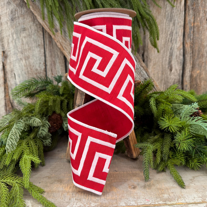 4" Red White Greek Key Wired Ribbon, Designer Christmas Ribbon, 5 Yard Roll