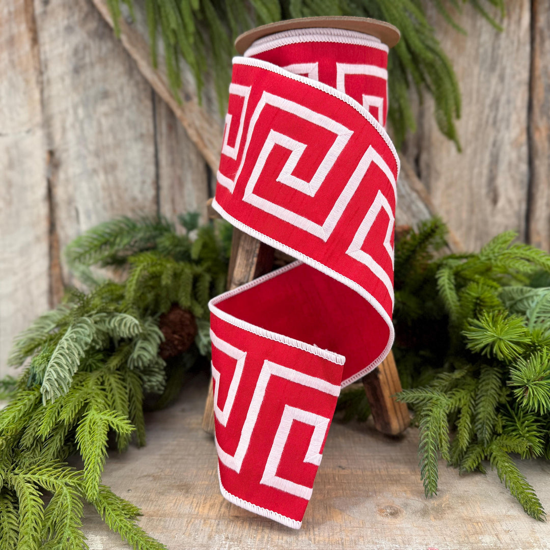 4" Red White Greek Key Wired Ribbon, Designer Christmas Ribbon
