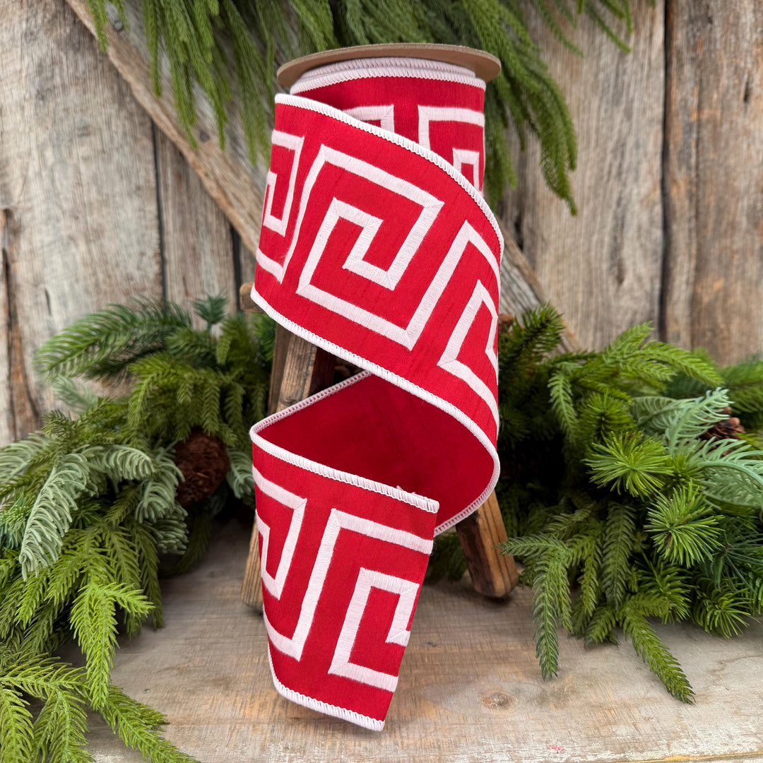 4" Red White Greek Key Wired Ribbon, Designer Christmas Ribbon, 5 Yard Roll
