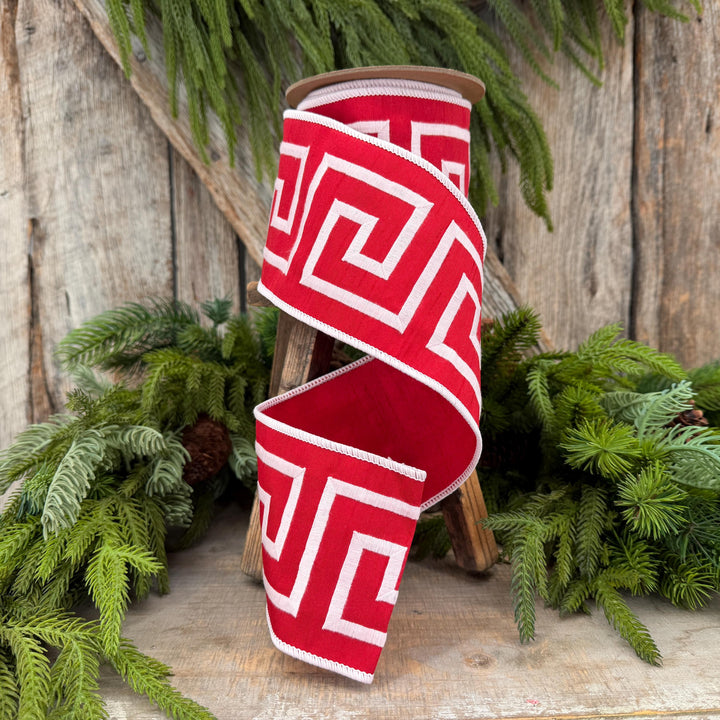 4" Red White Greek Key Wired Ribbon, Designer Christmas Ribbon, 5 Yard Roll