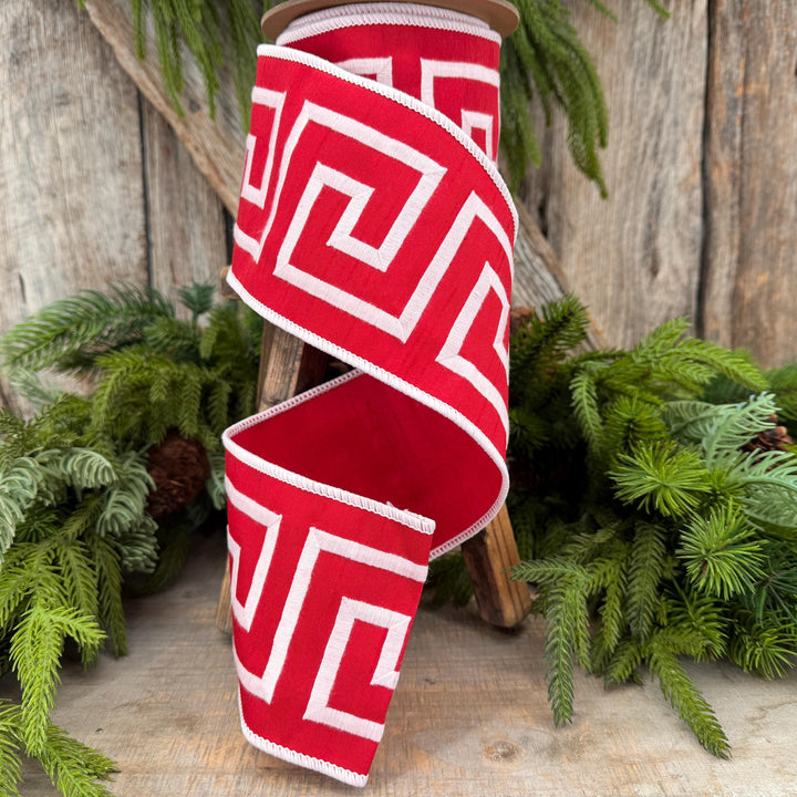 4" Red White Greek Key Wired Ribbon, Designer Christmas Ribbon, 5 Yard Roll