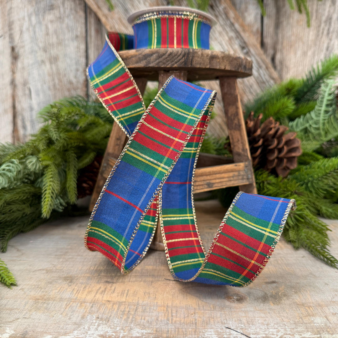 1.5" Blue Tartan Plaid Ribbon, Christmas Plaid Wired Ribbon