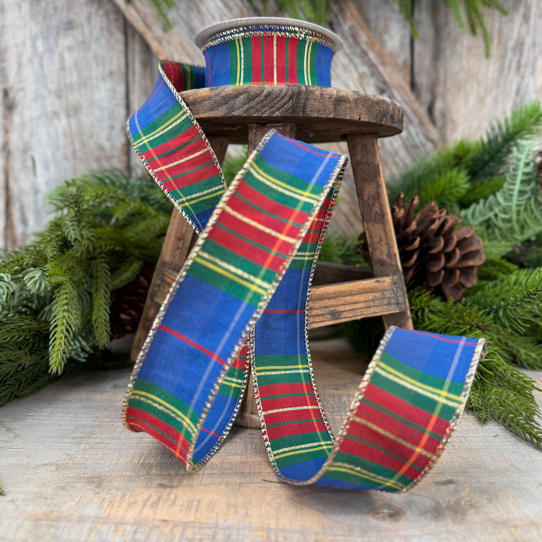 1.5" Blue Tartan Plaid Ribbon, Christmas Plaid Wired Ribbon, Blue Chirstmas Plaid RIbbon