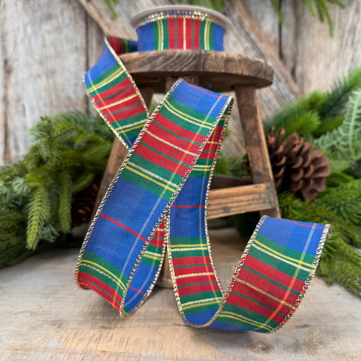1.5" Blue Tartan Plaid Ribbon, Christmas Plaid Wired Ribbon, Blue Chirstmas Plaid RIbbon
