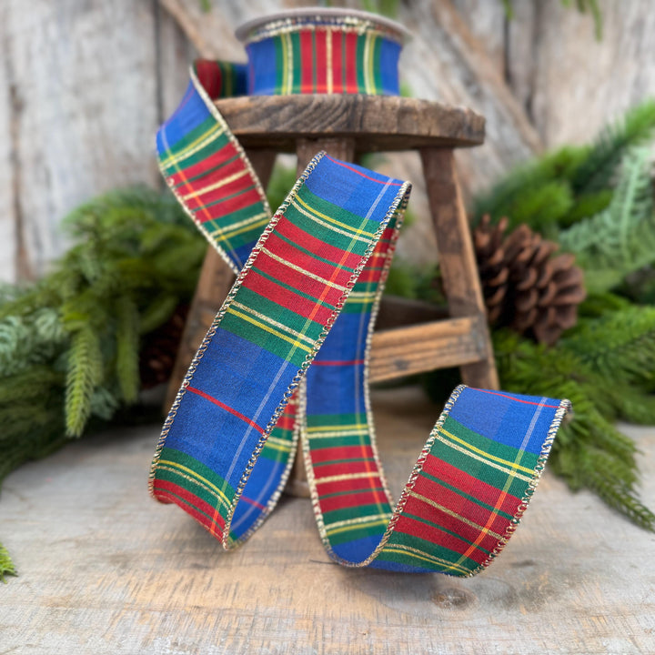 1.5" Blue Tartan Plaid Ribbon, Christmas Plaid Wired Ribbon, Blue Chirstmas Plaid RIbbon