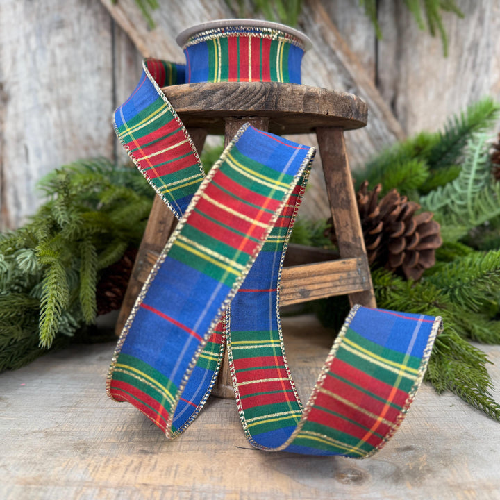 1.5" Blue Tartan Plaid Ribbon, Christmas Plaid Wired Ribbon, Blue Chirstmas Plaid RIbbon