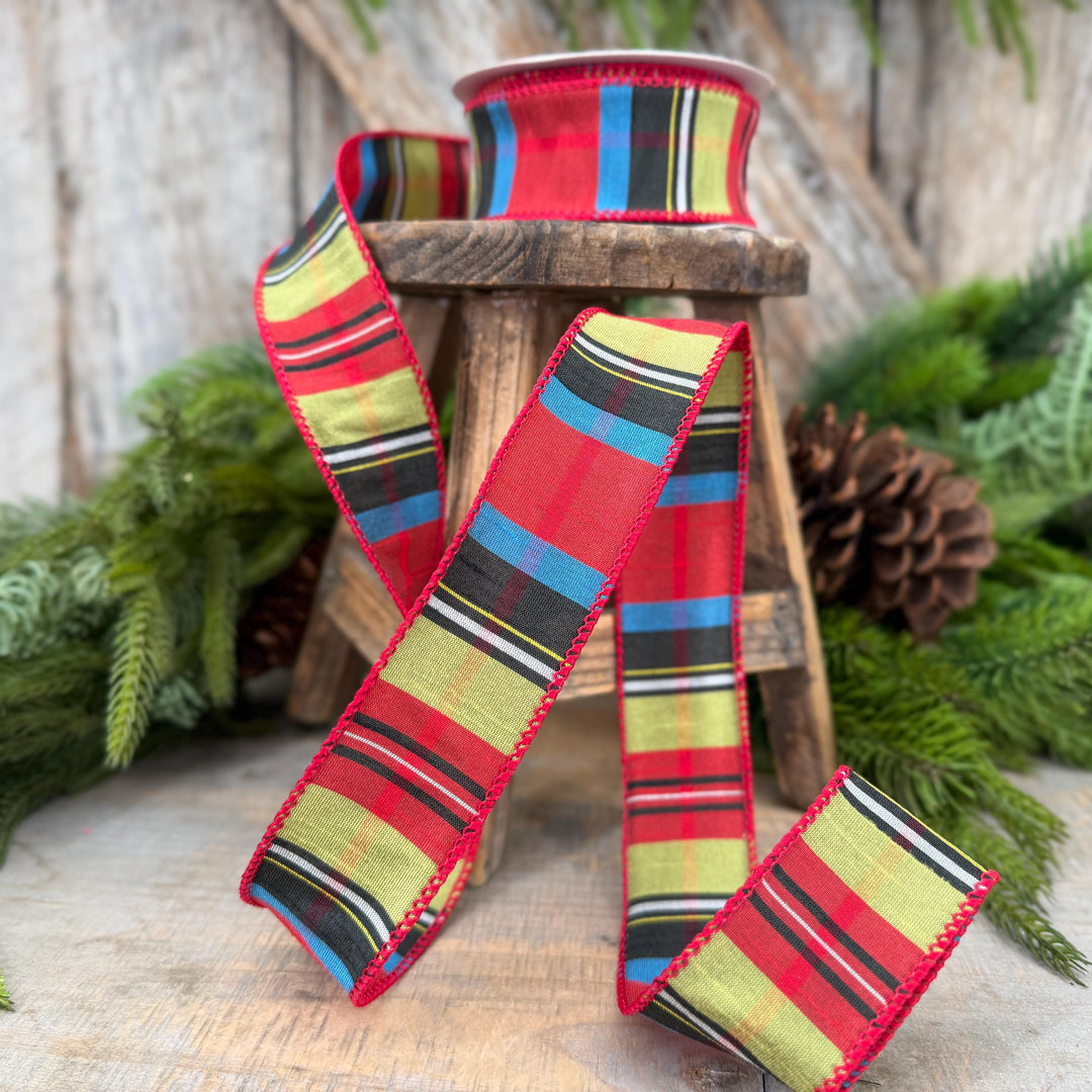 1.5" Red Tartan Plaid Ribbon, Christmas Plaid Wired Ribbon, Red Chirstmas Plaid RIbbon