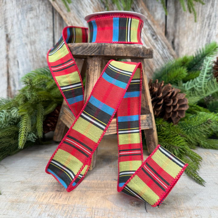1.5" Red Tartan Plaid Ribbon, Christmas Plaid Wired Ribbon, Red Chirstmas Plaid RIbbon