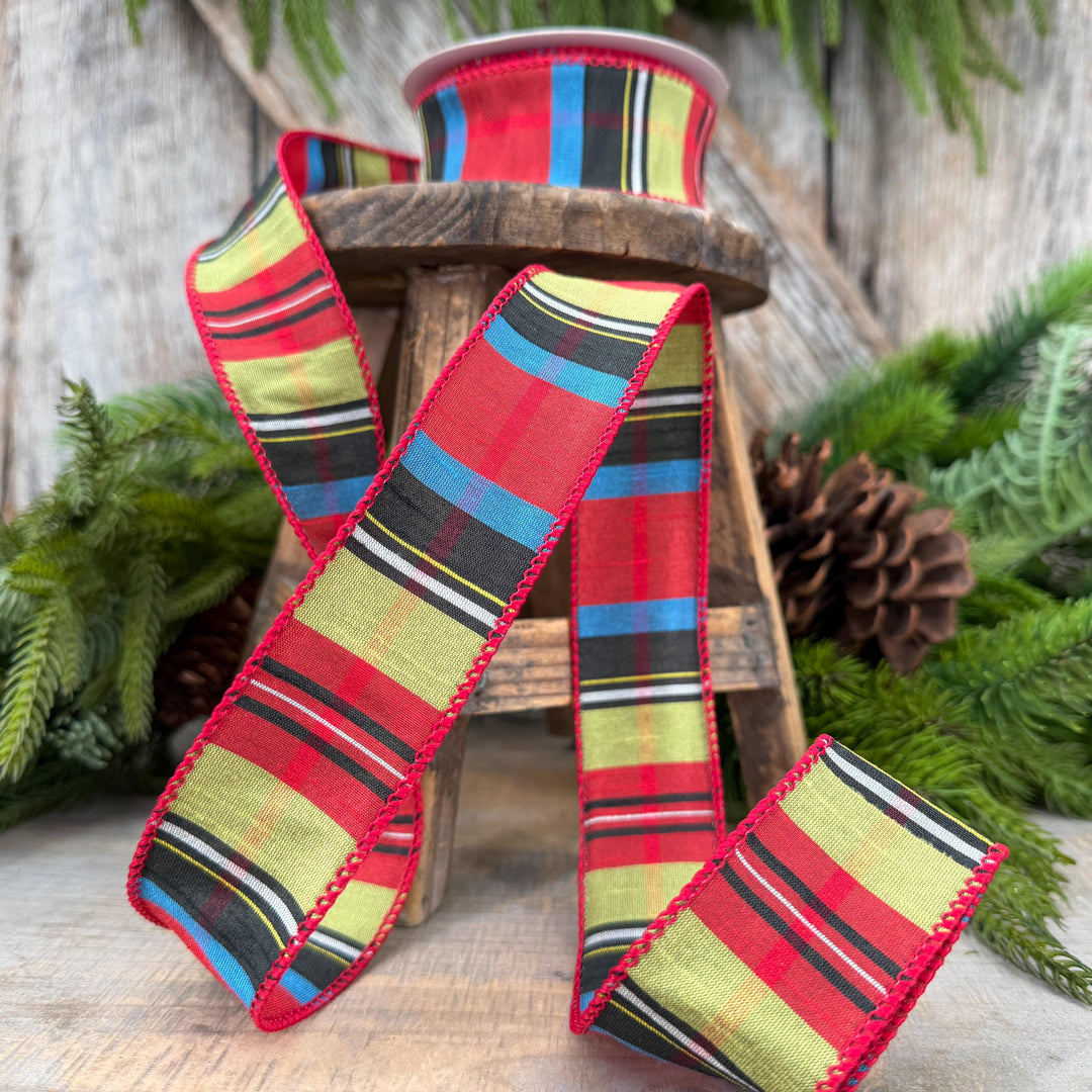 1.5" Red Tartan Plaid Ribbon, Christmas Plaid Wired Ribbon, Red Chirstmas Plaid RIbbon
