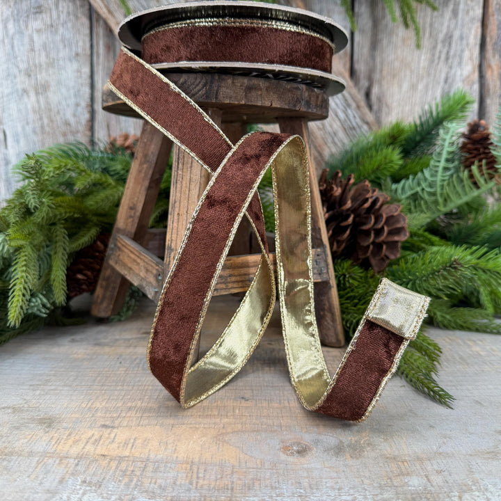 1" Chocolate Brown Velet ribbon with metallic gold backing
